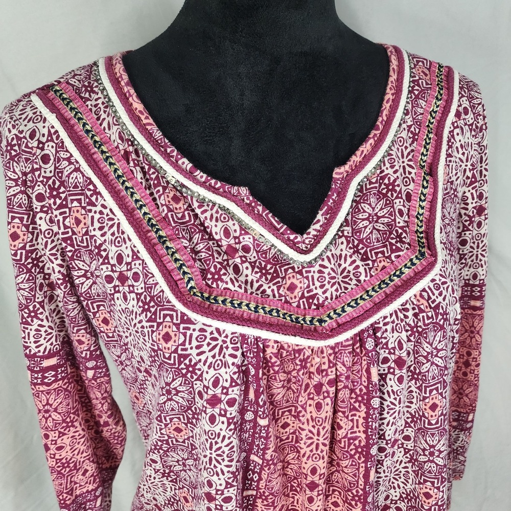 RED CAMEL Size Medium 100% Cotton Beaded Pleated Geometric Pink Floral Blouse - Picture 6 of 10